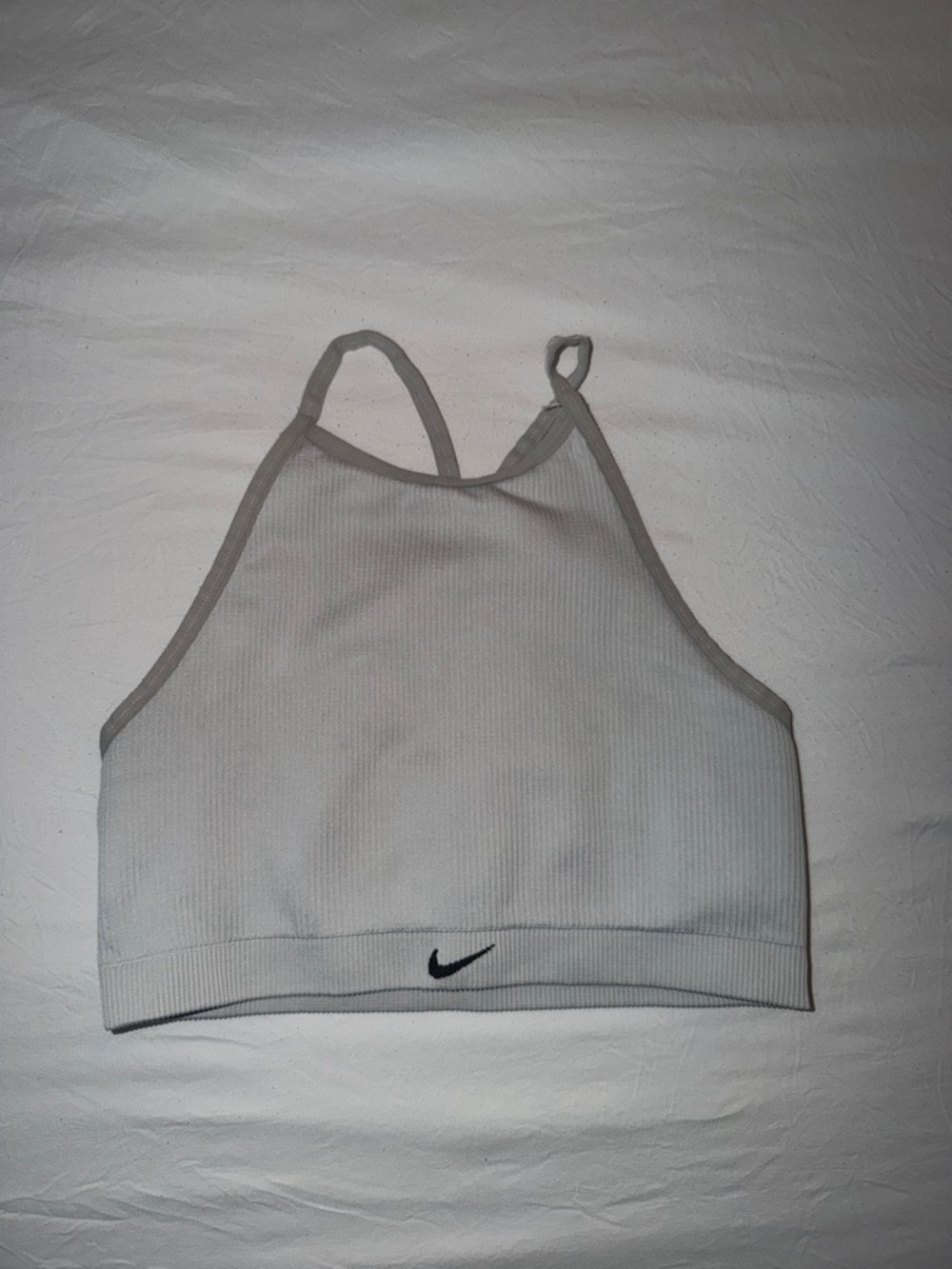 Nike White Ribbed High-Neck Cropped Sports Bra with Black Swoosh